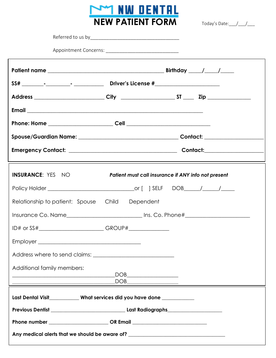 New Dental Patient Form, Page 1