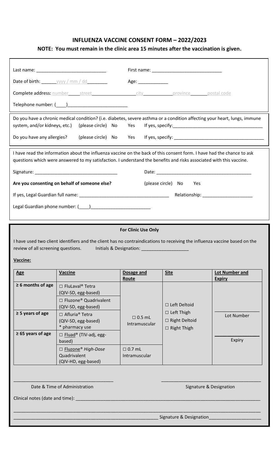 Influenza Vaccine Consent Form, Page 1