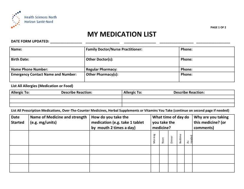 Medication List Template - Health Sciences North Horizon Sante-Nord
