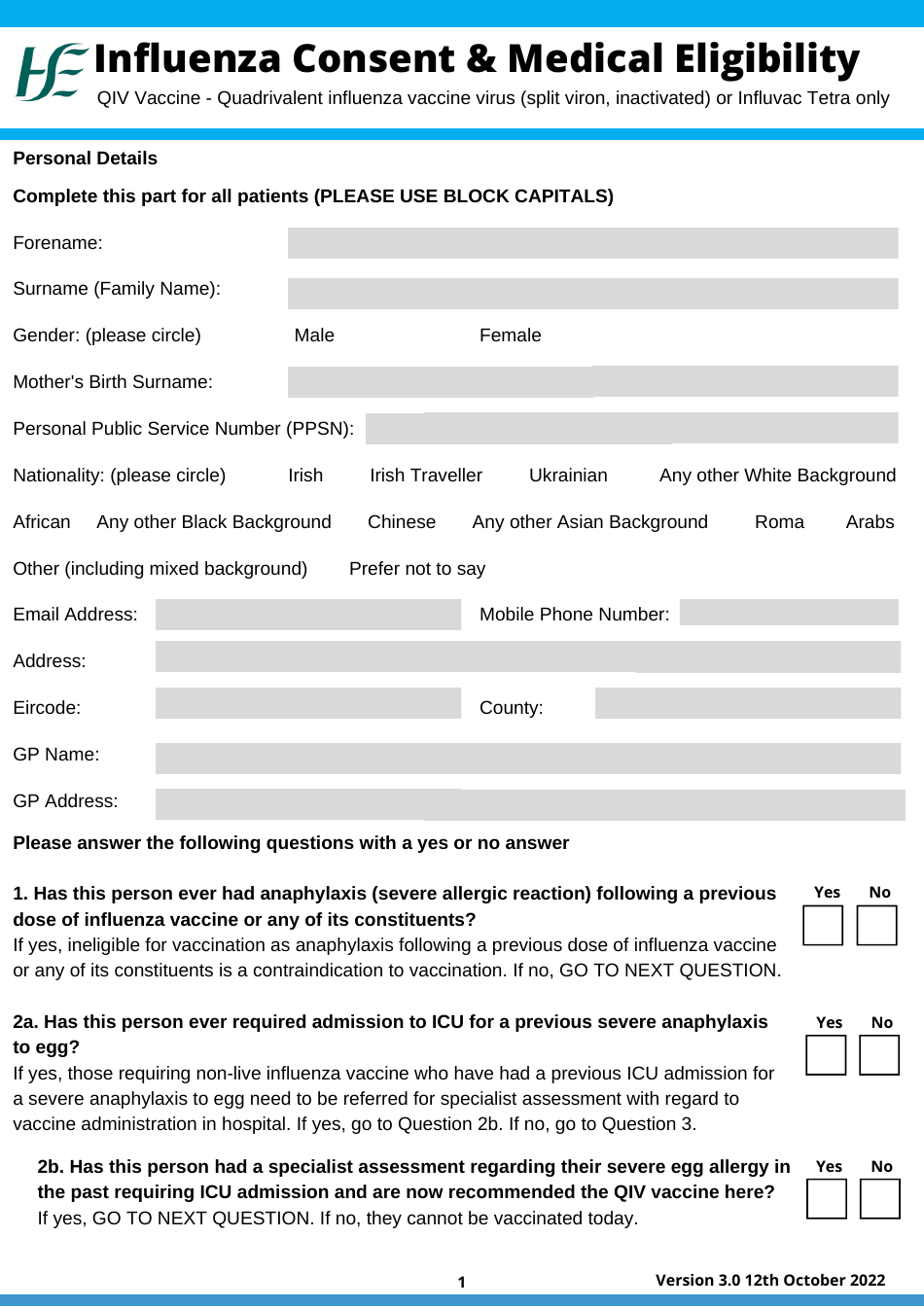 Influenza Vaccine Consent  Medical Eligibility, Page 1