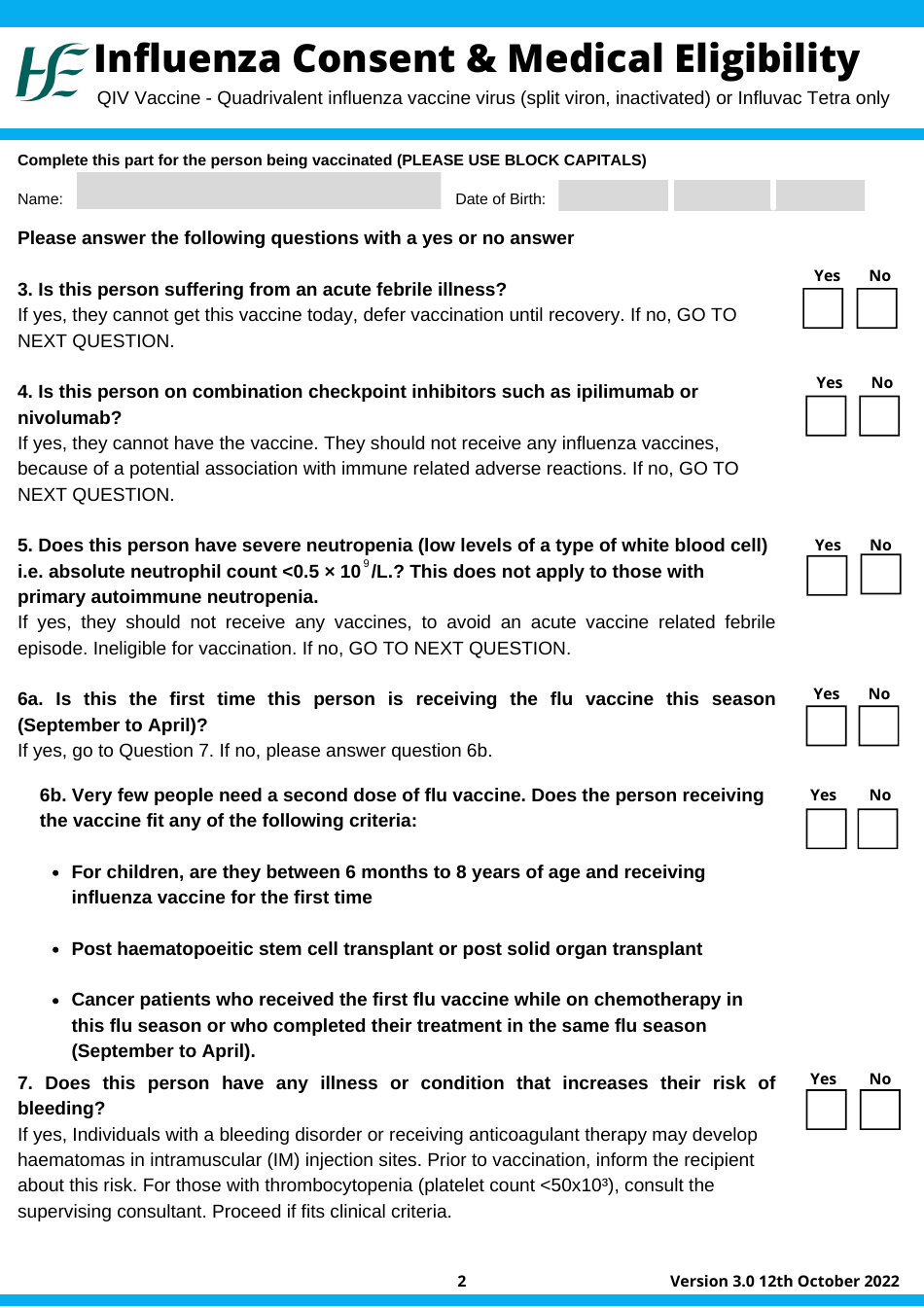Influenza Vaccine Consent  Medical Eligibility, Page 2