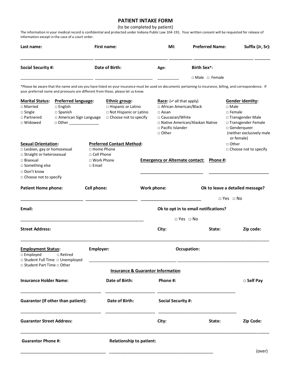 Patient Intake Form - Questions, Page 1