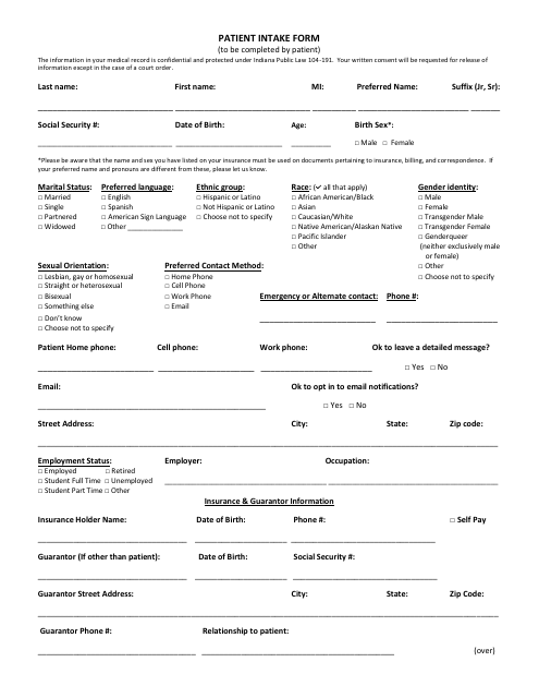Patient Intake Form - Questions Download Pdf