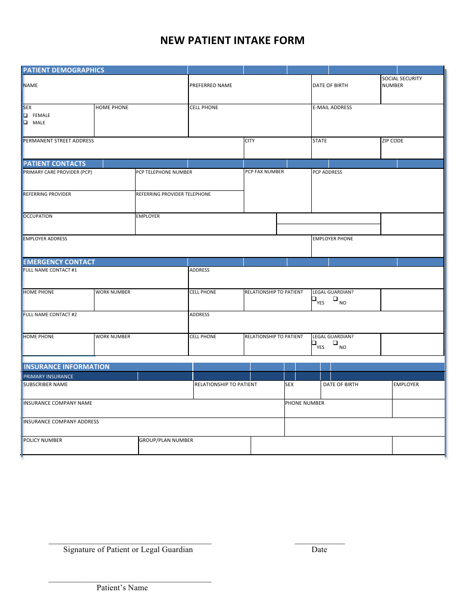 New Patient Intake Form, Page 1