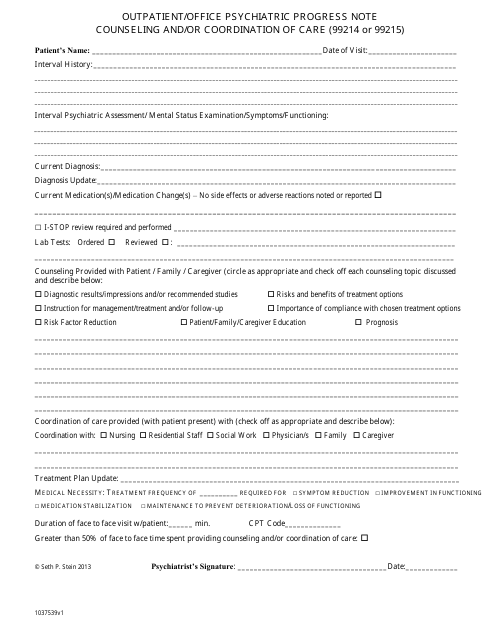 A preview of the Outpatient/Office Psychiatric Progress Note document template showcasing the name "Seth P. Stein".