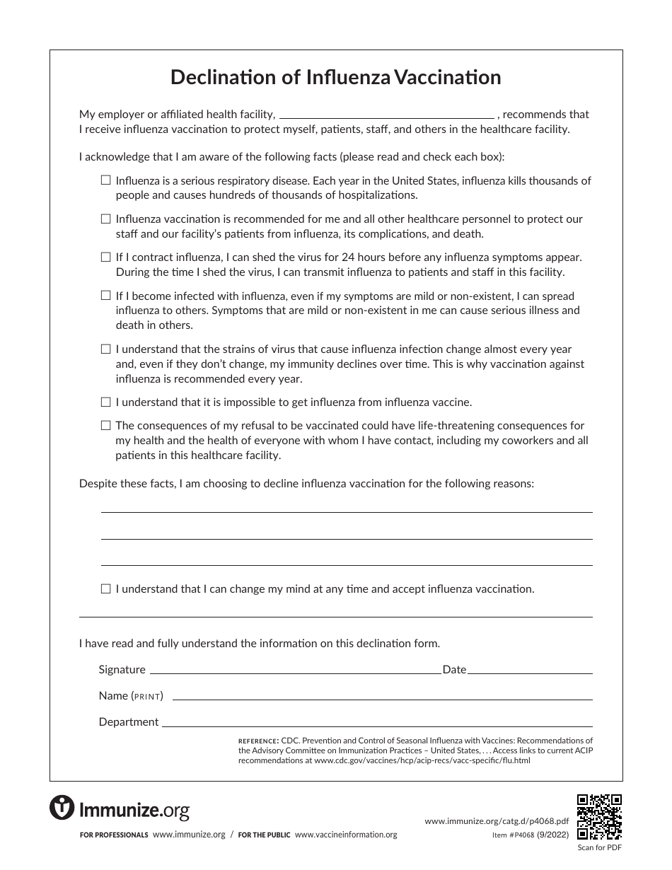 Declination of Influenza Vaccination - Document Preview