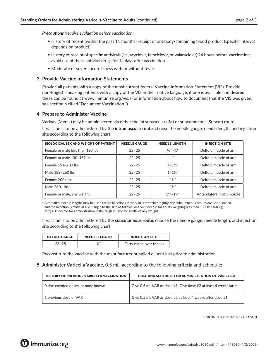 Standing Orders for Administering Varicella Vaccine to Adults, Page 2