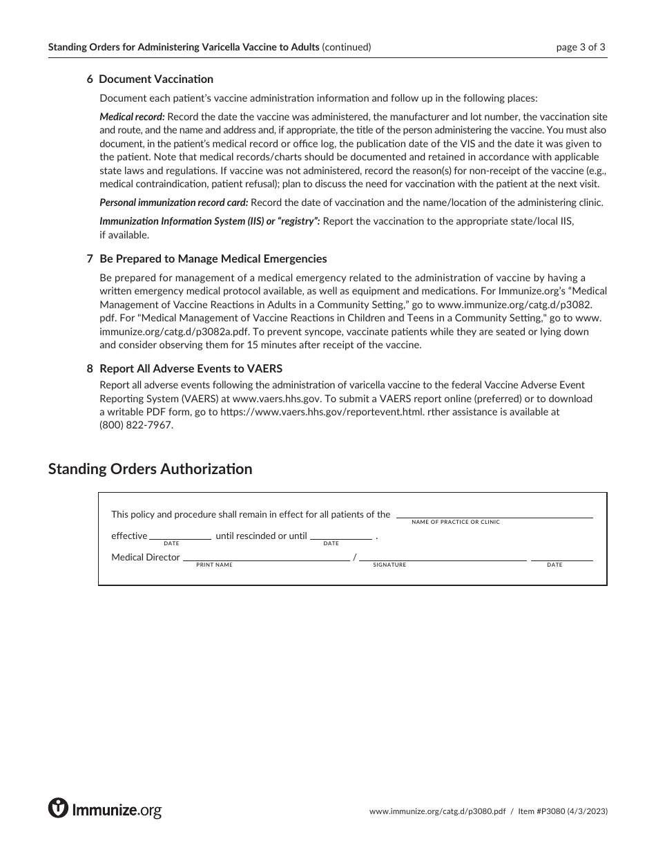 Standing Orders for Administering Varicella Vaccine to Adults, Page 3