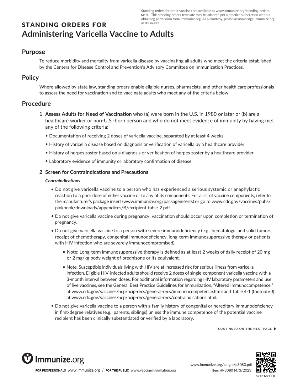 Standing Orders for Administering Varicella Vaccine to Adults Download
