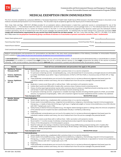 Form PH-4359 Medical Exemption From Immunization - Tennessee