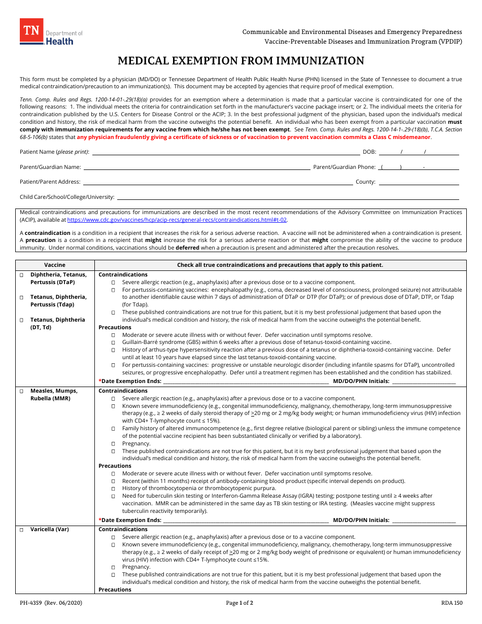 Form PH-4359 Medical Exemption From Immunization - Tennessee, Page 1