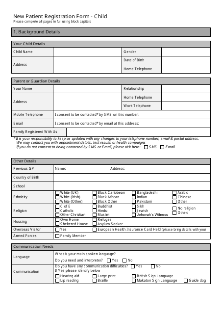 New Patient Registration Form - Child - United Kingdom