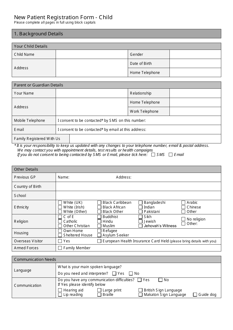New Patient Registration Form - Child - United Kingdom, Page 1