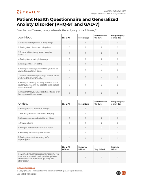 Patient Health Questionnaire and Generalized Anxiety Disorder(PHQ-9T and GAD-7) - Document Preview Image