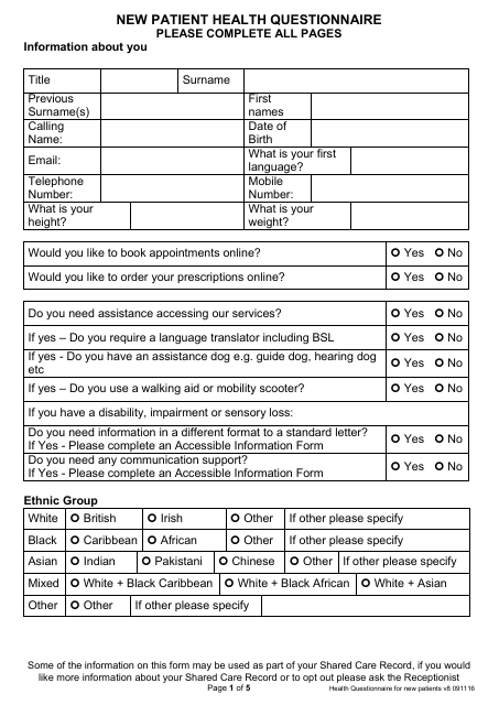 New Patient Health Questionnaire