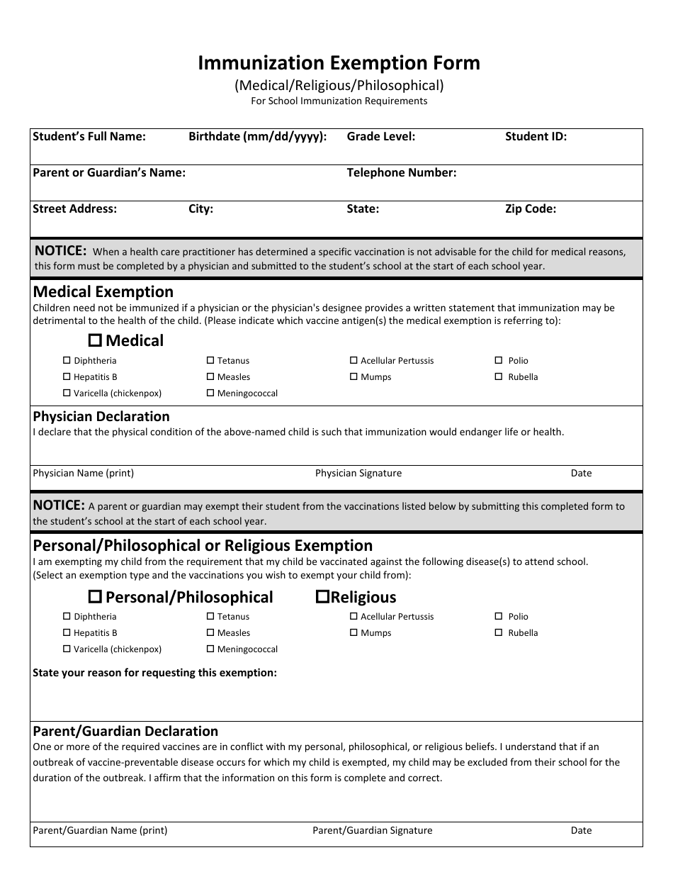 School Immunization Exemption Form (Medical / Religious / Philosophical), Page 1