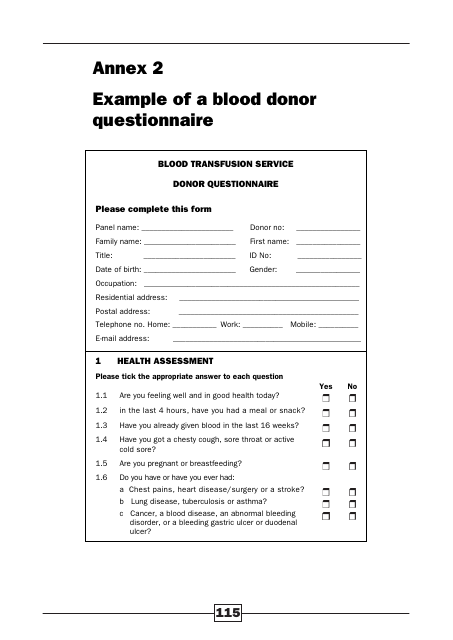 Blood Transfusion Service Donor Questionnaire - Preview Image