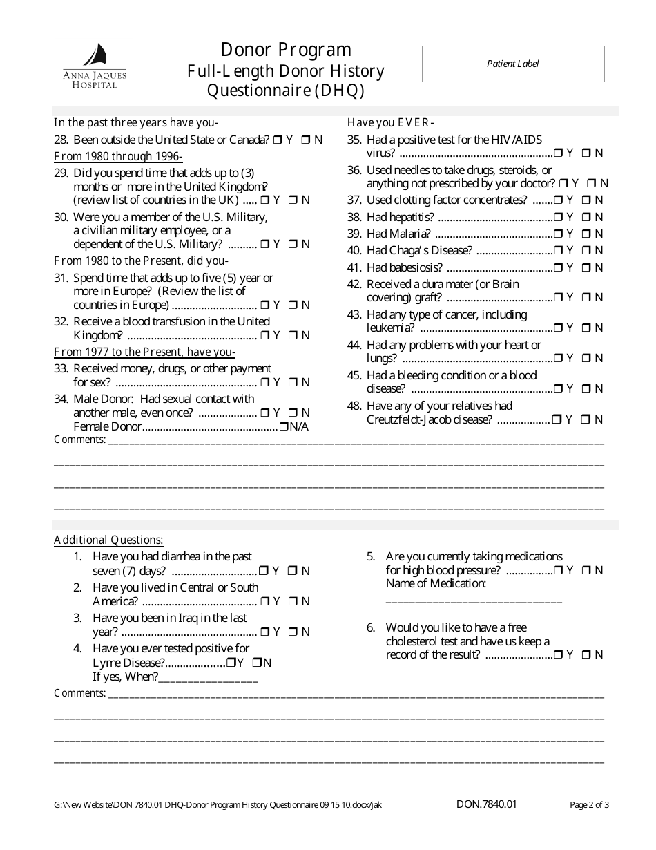 Full-Length Donor History Questionnaire (Dhq), Page 2