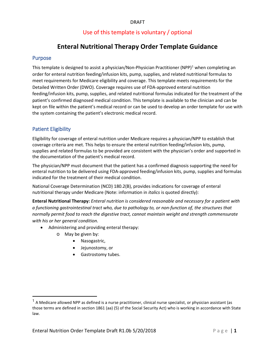 Enteral Nutritional Therapy Order Template Preview