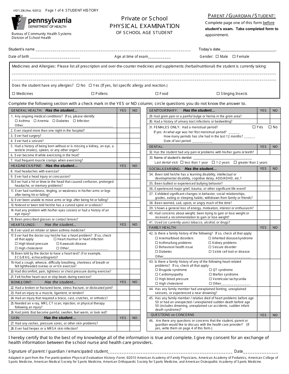 Form H511.336 Physical Examination Form (Private or School) - Pennsylvania, Page 1