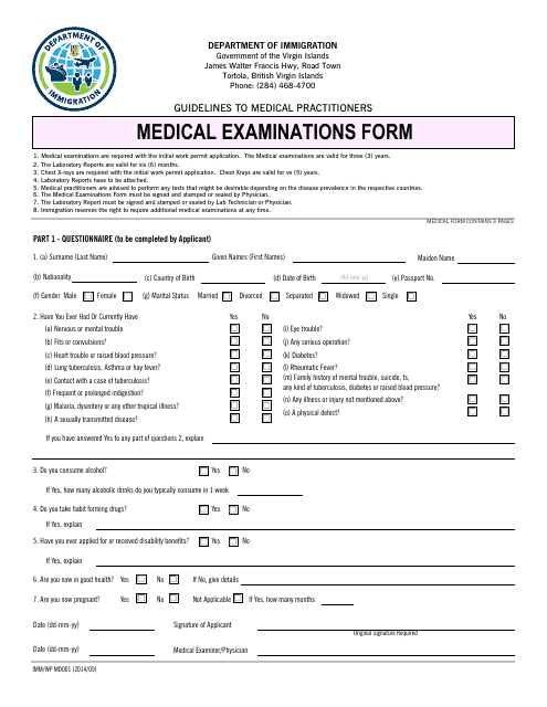 Form IMM/WP MD001 Medical Examinations Form - British Virgin Islands