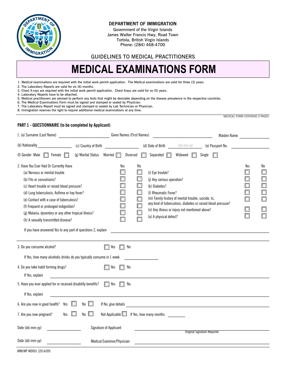 Form IMM / WP MD001 Medical Examinations Form - British Virgin Islands, Page 1