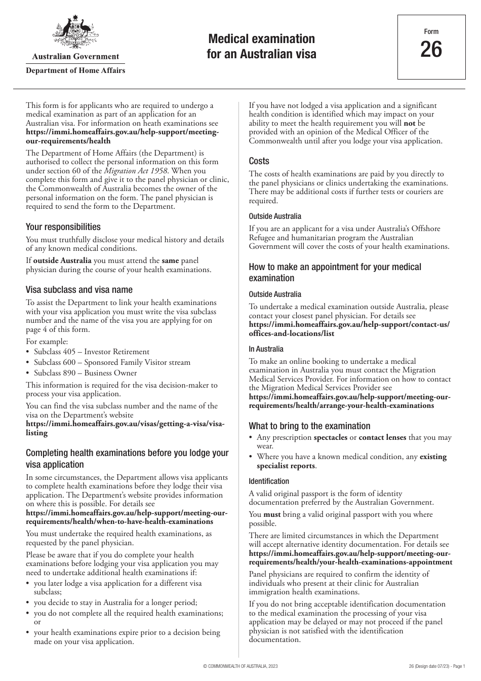 Form 26 Medical Examination for an Australian Visa - Australia, Page 1