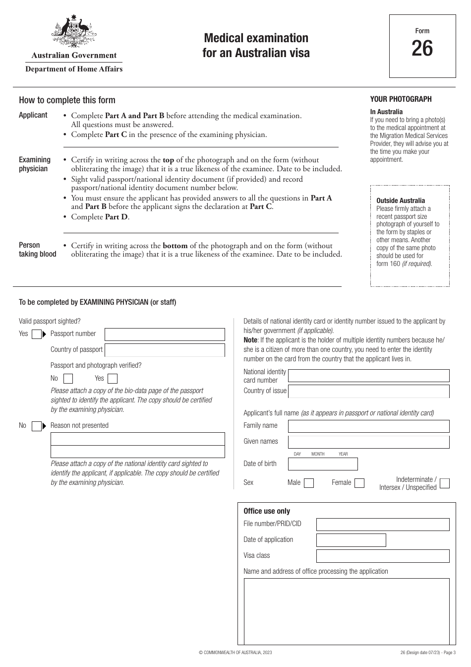 Form 26 Medical Examination for an Australian Visa - Australia, Page 3
