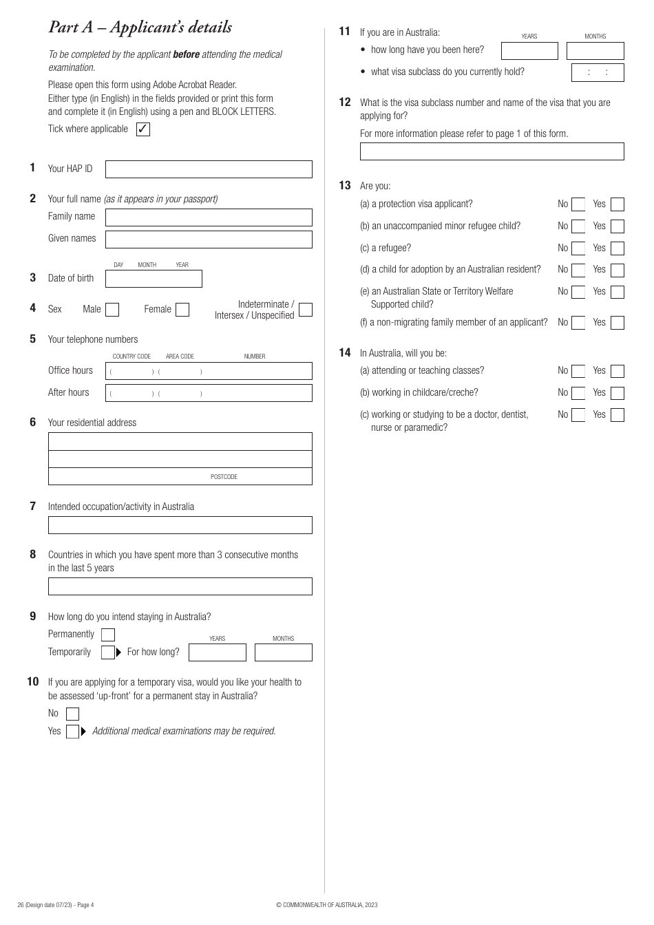 Form 26 Medical Examination for an Australian Visa - Australia, Page 4