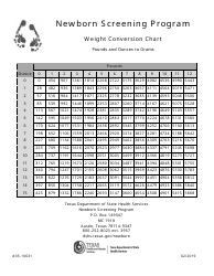 Document preview: Form 05-10631 Newborn Weight Conversion Chart (Pounds and Ounces to Grams) - Texas