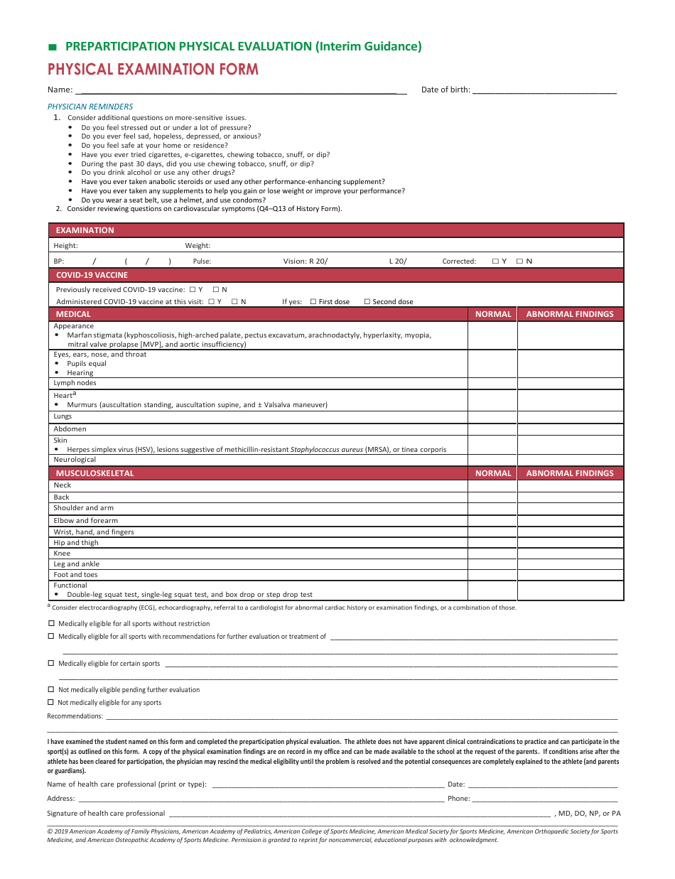 Pre-participation Physical Examination Form - American Academy of Family Physicians, Page 1