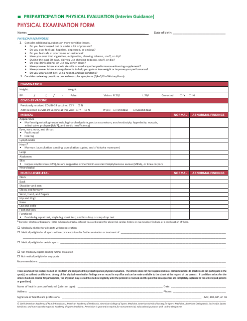 Pre-participation Physical Examination Form - American Academy of Family Physicians Download Pdf