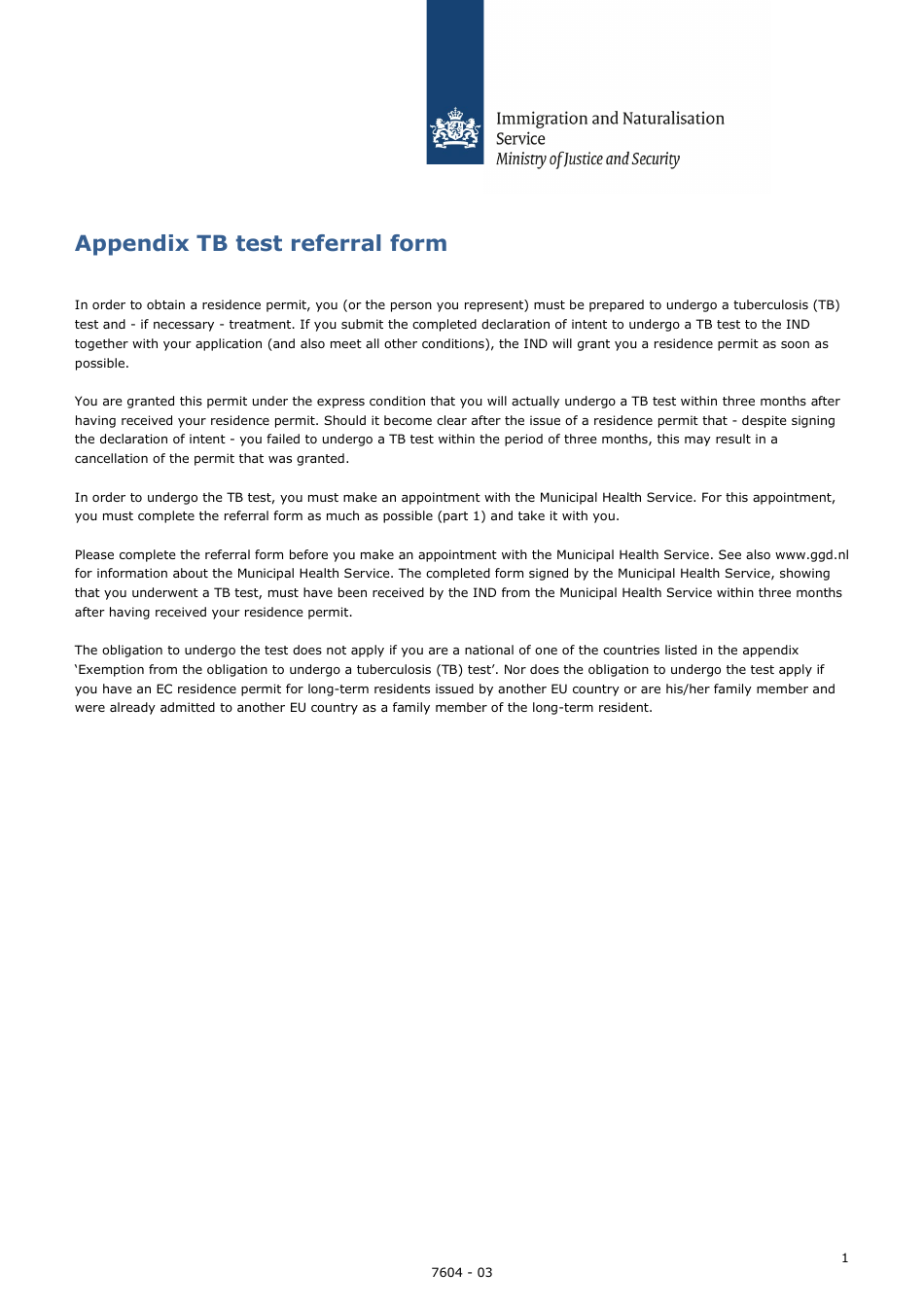 Appendix TB Test Referral Form - Netherlands, Page 1