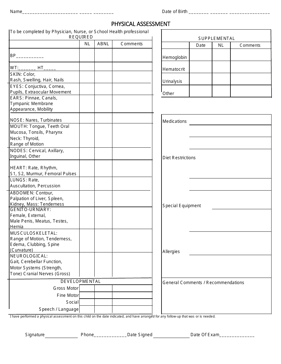 Physical Assessment Form, Page 1