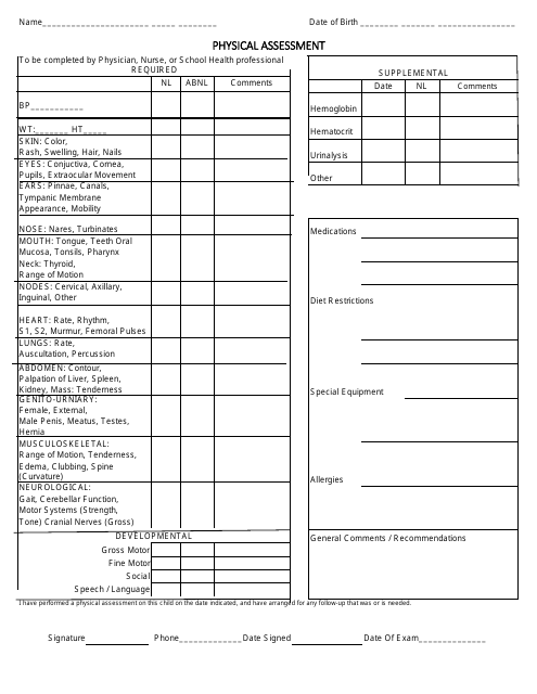 Physical Assessment Form Download Pdf