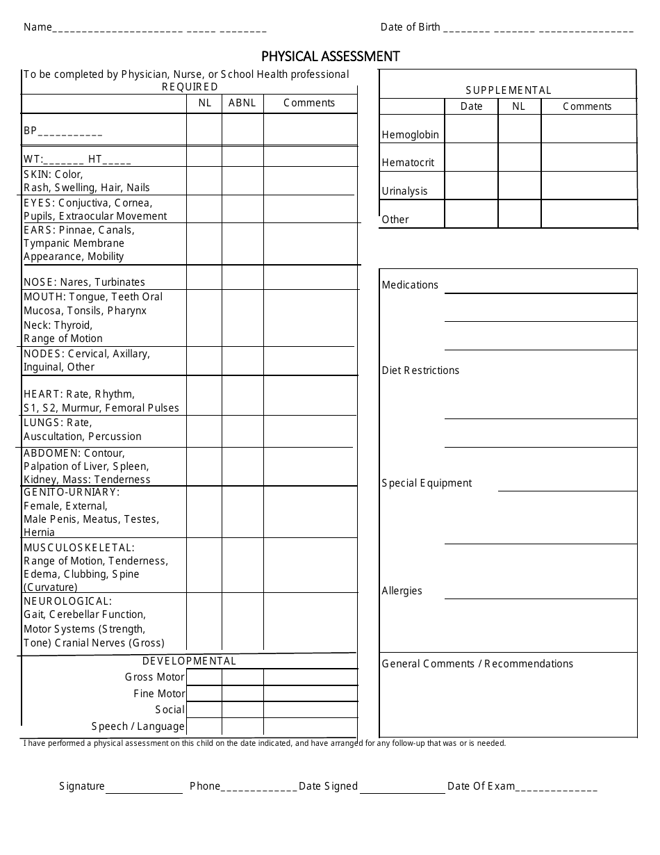 Physical Assessment Form - Fill Out, Sign Online and Download PDF ...