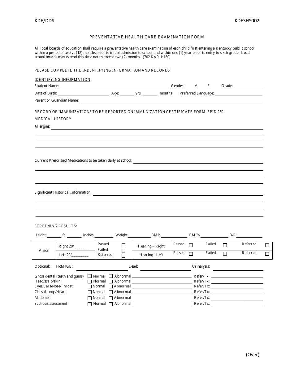 Form KDESHS002 Fill Out Sign Online And Download Printable PDF   Form Kdeshs002 Preventative Health Care Examination Form Kentucky Print Big 