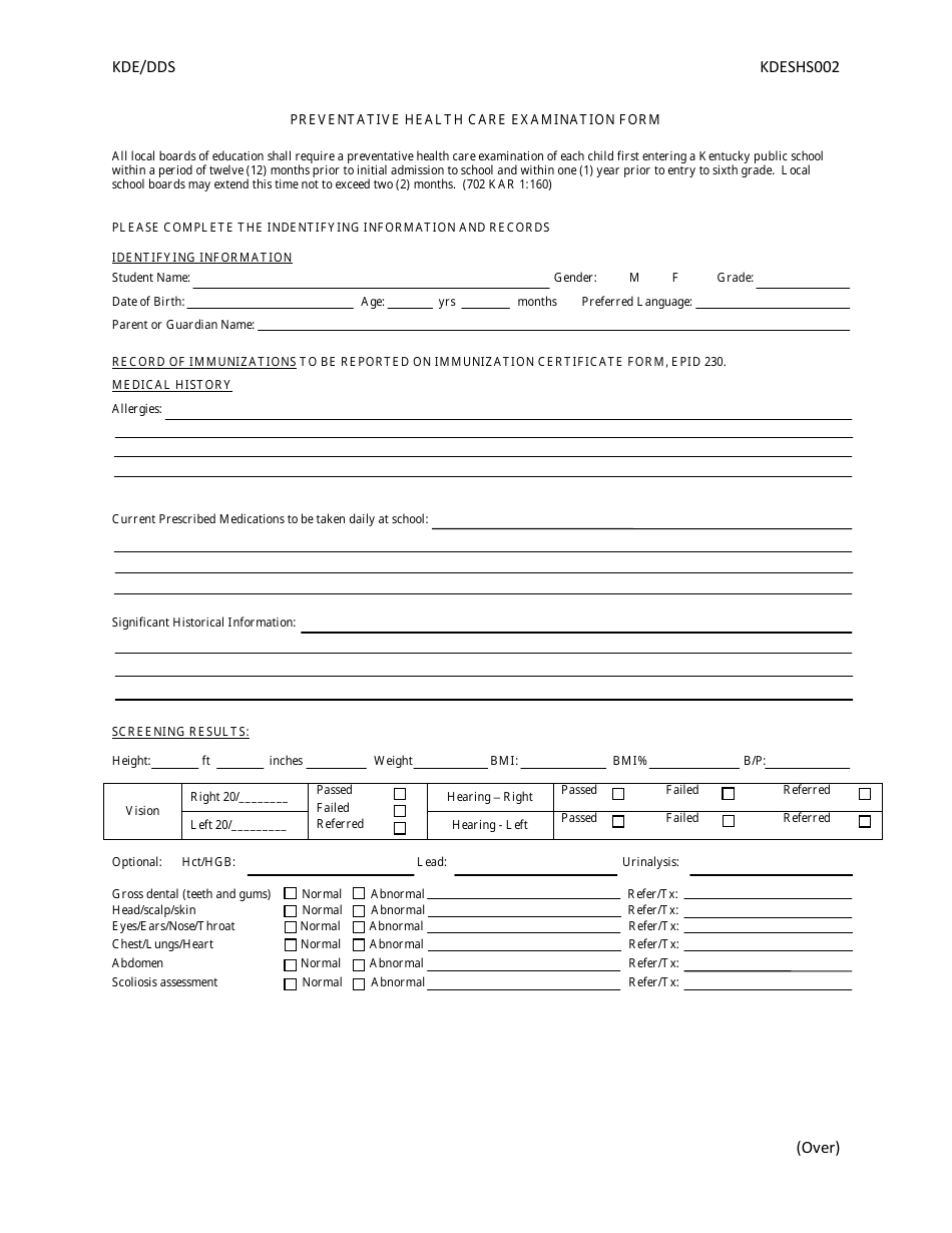 Form KDESHS002 Preventative Health Care Examination Form - Kentucky, Page 1