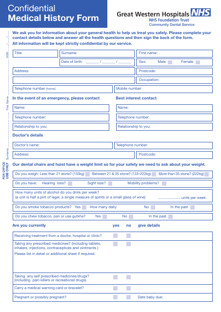Confidential Medical History Form - United Kingdom Download Pdf