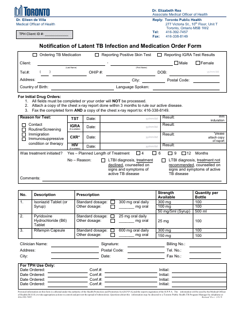 Notification of Latent Tb Infection and Medication Order Form - City of Toronto, Ontario, Canada Download Pdf