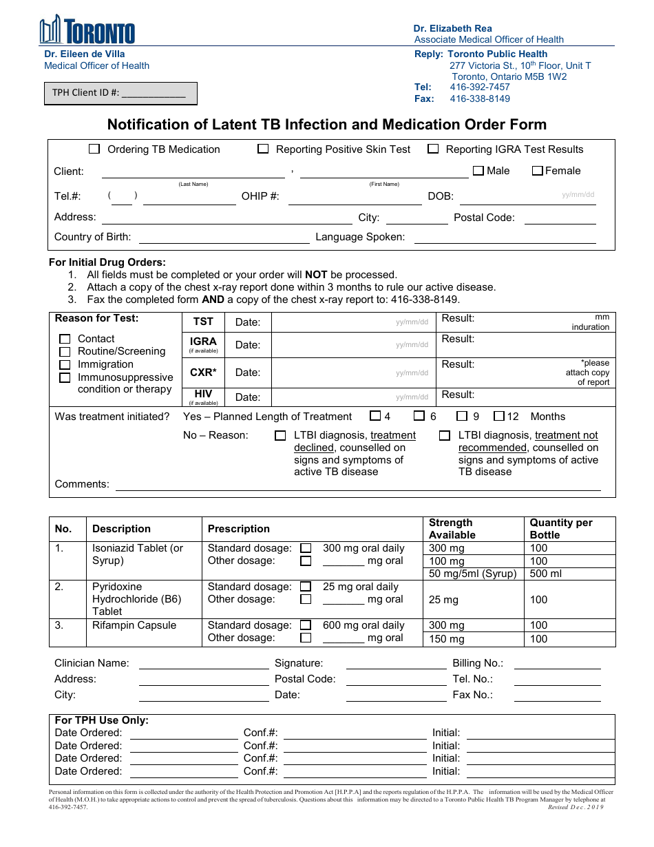 Notification of Latent Tb Infection and Medication Order Form - City of Toronto, Ontario, Canada, Page 1