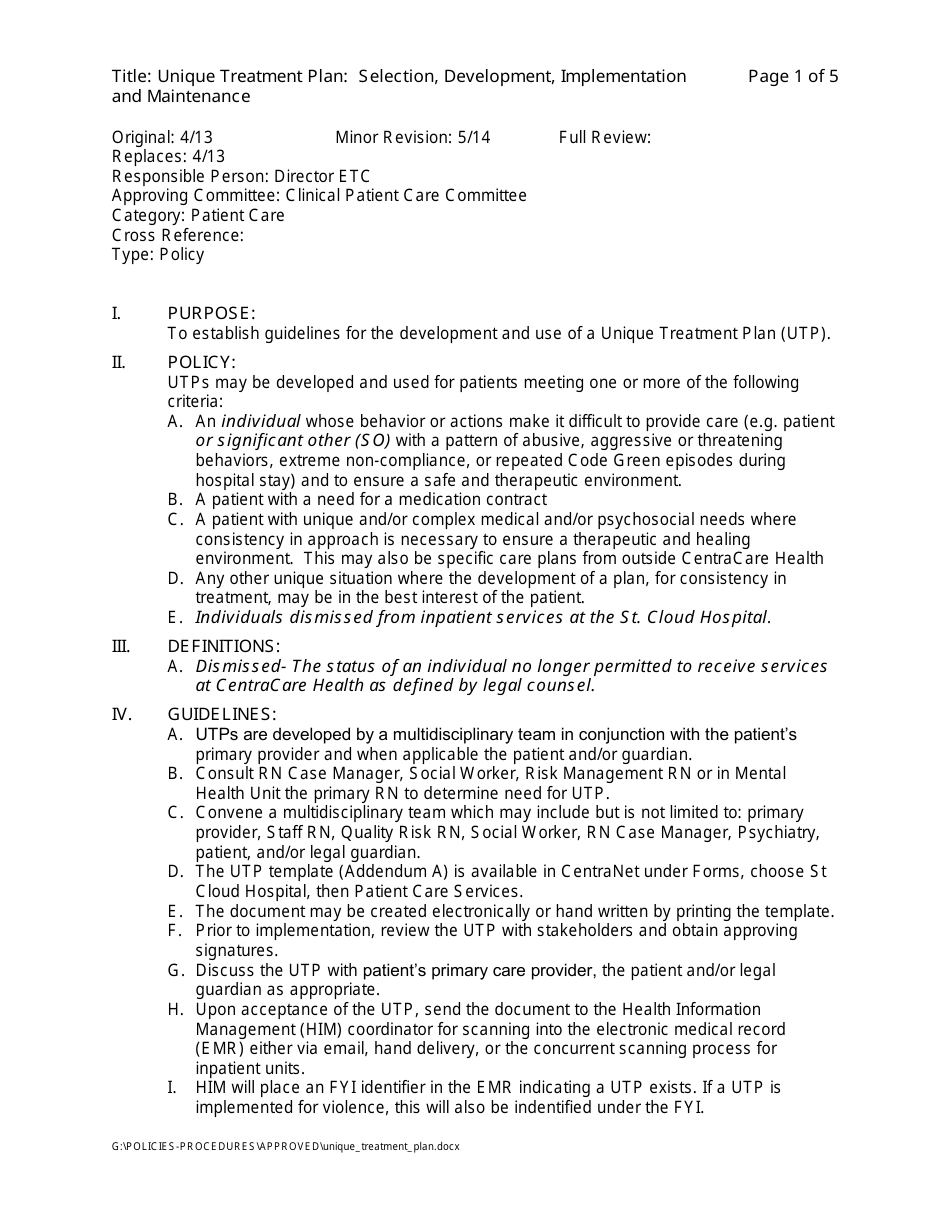 Unique Treatment Plan Development Form - Minnesota, Page 1