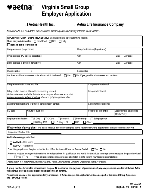 Form 7001-VA Virginia Small Group Employer Application