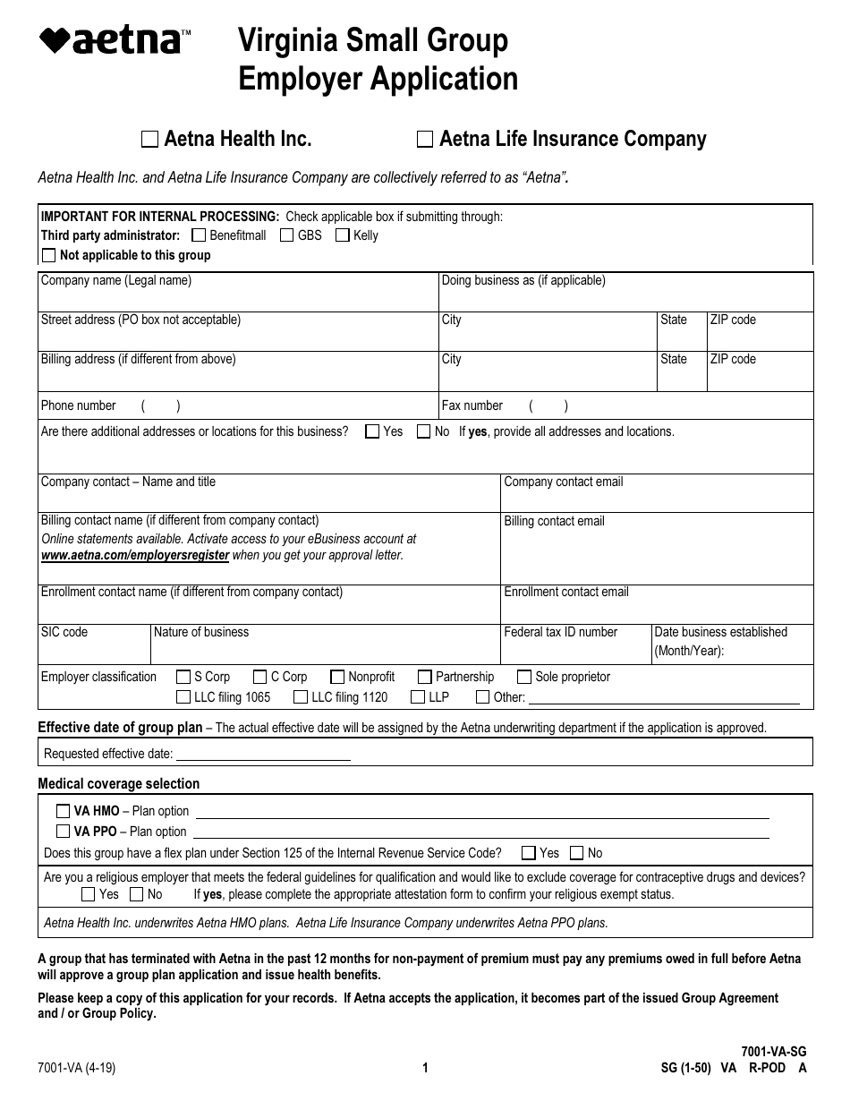 Form 7001-VA Virginia Small Group Employer Application, Page 1