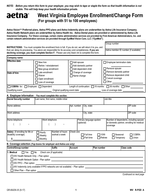 Form GR-69209-35 West Virginia Employee Enrollment/Change Form