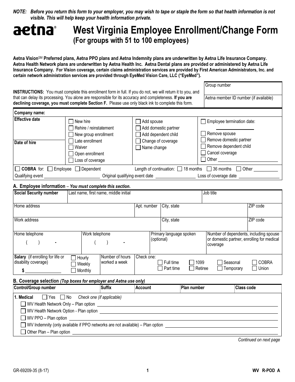 Form GR-69209-35 West Virginia Employee Enrollment / Change Form, Page 1