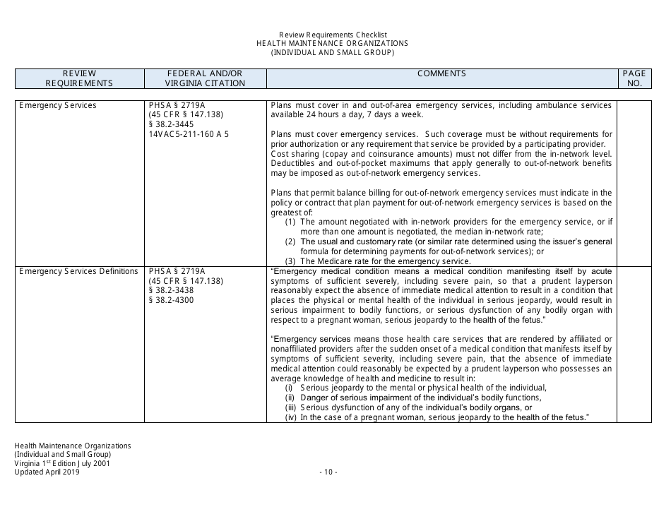 Form Filing Review Checklist - Health Maintenance Organizations (HMOs) (Individual and Small Group) - Virginia, Page 10