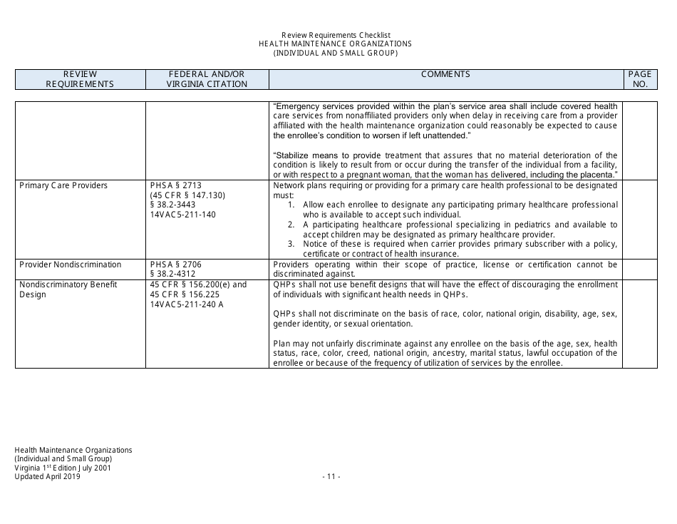 Form Filing Review Checklist - Health Maintenance Organizations (HMOs) (Individual and Small Group) - Virginia, Page 11