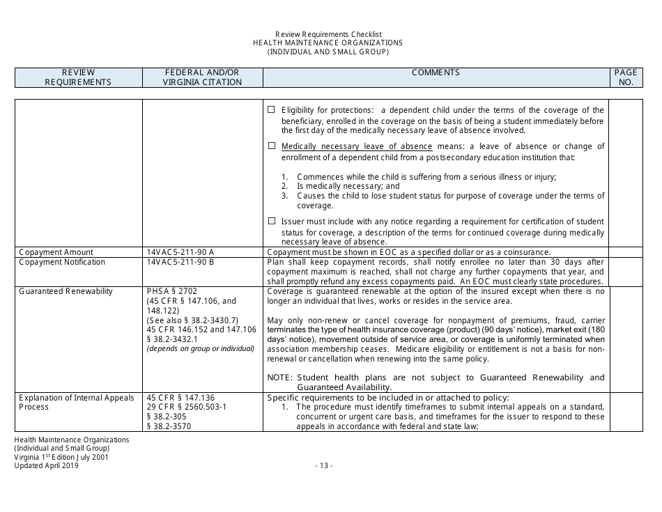Form Filing Review Checklist - Health Maintenance Organizations (HMOs) (Individual and Small Group) - Virginia, Page 13