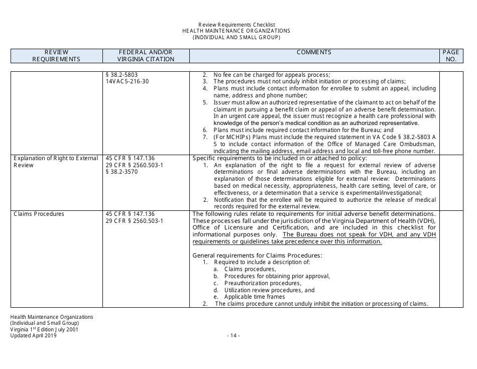Form Filing Review Checklist - Health Maintenance Organizations (HMOs) (Individual and Small Group) - Virginia, Page 14